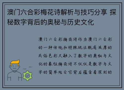 澳门六合彩梅花诗解析与技巧分享 探秘数字背后的奥秘与历史文化