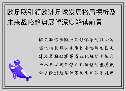 欧足联引领欧洲足球发展格局探析及未来战略趋势展望深度解读前景 欧足联引领欧洲足球发展格局探析及未来战略趋势展望深度解读前景